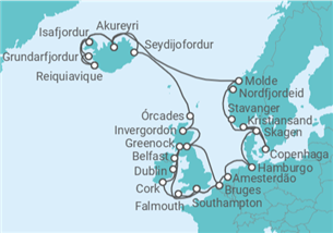 Itinerário do Cruzeiro Islândia, Reino Unido, Bélgica, Irlanda, Holanda, Alemanha, Dinamarca, Noruega - Princess Cruises