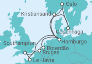 Itinerário do Cruzeiro Reino Unido, França, Bélgica, Holanda, Alemanha, Dinamarca, Noruega - AIDA