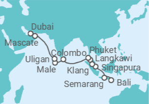 Itinerário do Cruzeiro Bali • Java • Singapur • Malaysia • Phuket • Sri Lanka • Malediven • Oman • Dubai - Nicko Cruises