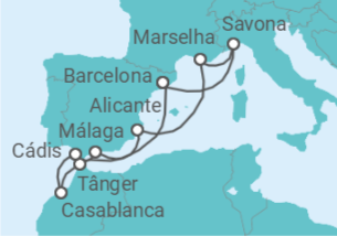 Itinerário do Cruzeiro Espanha, Marrocos, França - Costa Cruzeiros