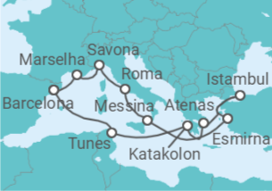 Itinerário do Cruzeiro Itália, Turquia, Grécia, Tunísia, Espanha, França - Costa Cruzeiros