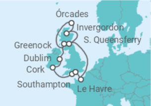Itinerário do Cruzeiro Irlanda, Reino Unido, França - Princess Cruises