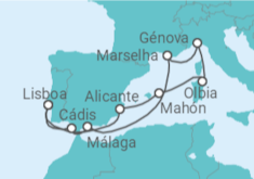 Itinerário do Cruzeiro Mediterrâneo partida e chegada a Lisboa 2026 - MSC Cruzeiros