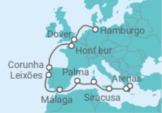 Itinerário do Cruzeiro Athen • Kalamata • Sizilien • Sardinien • Mallorca • Málaga • Porto • A Coruña • Honfleur • Dover •  - Nicko Cruises