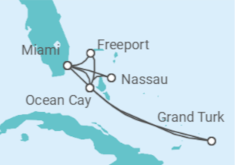 Itinerário do Cruzeiro Miami,Ocean Cay,Freeport,Miami,Grand Turk Island,Ocean Cay,Nassau,Miami - MSC Cruzeiros
