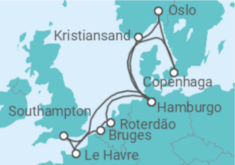 Itinerário do Cruzeiro Reino Unido, França, Bélgica, Holanda, Alemanha, Dinamarca, Noruega - AIDA