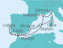 Itinerário do Cruzeiro Mediterrâneo partida e chegada a Lisboa 2024 - MSC Cruzeiros