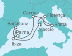 Itinerário do Cruzeiro Espanha, França, Itália - Virgin Voyages