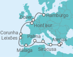 Itinerário do Cruzeiro Athen • Kalamata • Sizilien • Sardinien • Mallorca • Málaga • Porto • A Coruña • Honfleur • Dover •  - Nicko Cruises