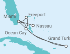Itinerário do Cruzeiro Miami,Ocean Cay,Freeport,Miami,Grand Turk Island,Ocean Cay,Nassau,Miami - MSC Cruzeiros