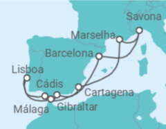 Itinerário do Cruzeiro Espanha, Portugal, Gibraltar, França, Itália TI - Costa Cruceros
