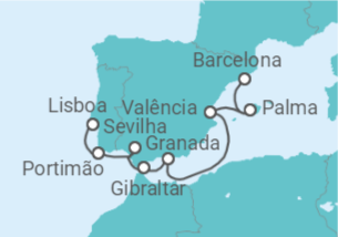 Itinerário do Cruzeiro Sabores Ibéricos + Voo + Hotel - NCL Norwegian Cruise Line